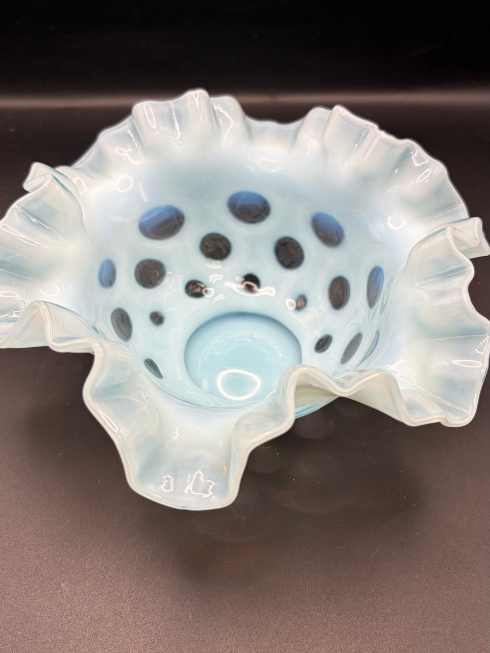 Vintage Blue Ruffled Art Glass Bowl
